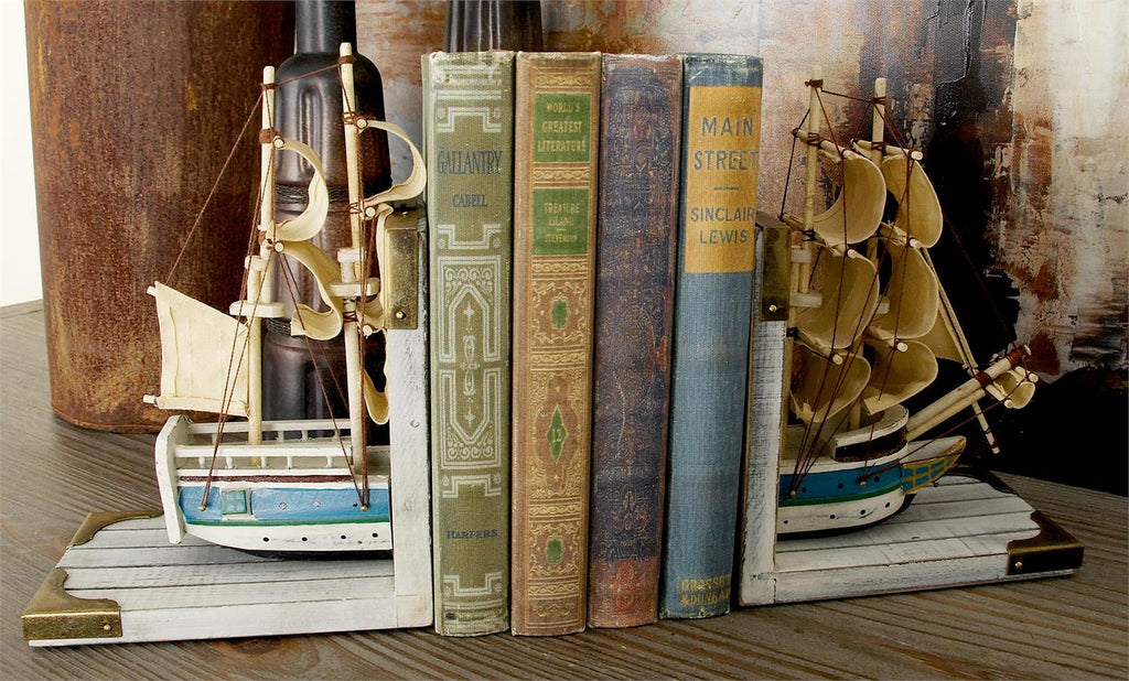 Sailboat Bookends – Distressed White Pine & Canvas | Real Rigging & Gold Accents | Set of 2