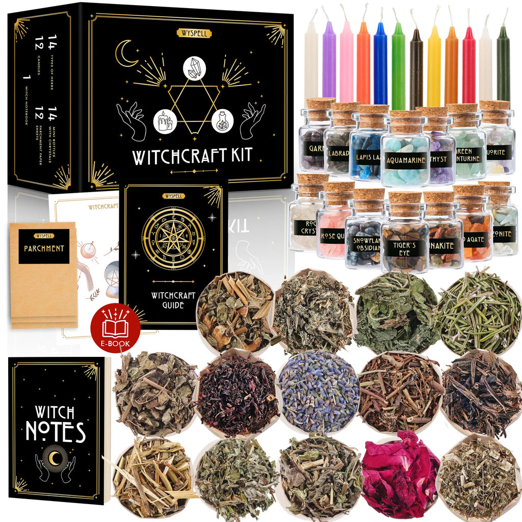 witchcraft kit with 14 crystal jars, dried herbs, colored candles, parchment, notebook, and black-and-gold box.
