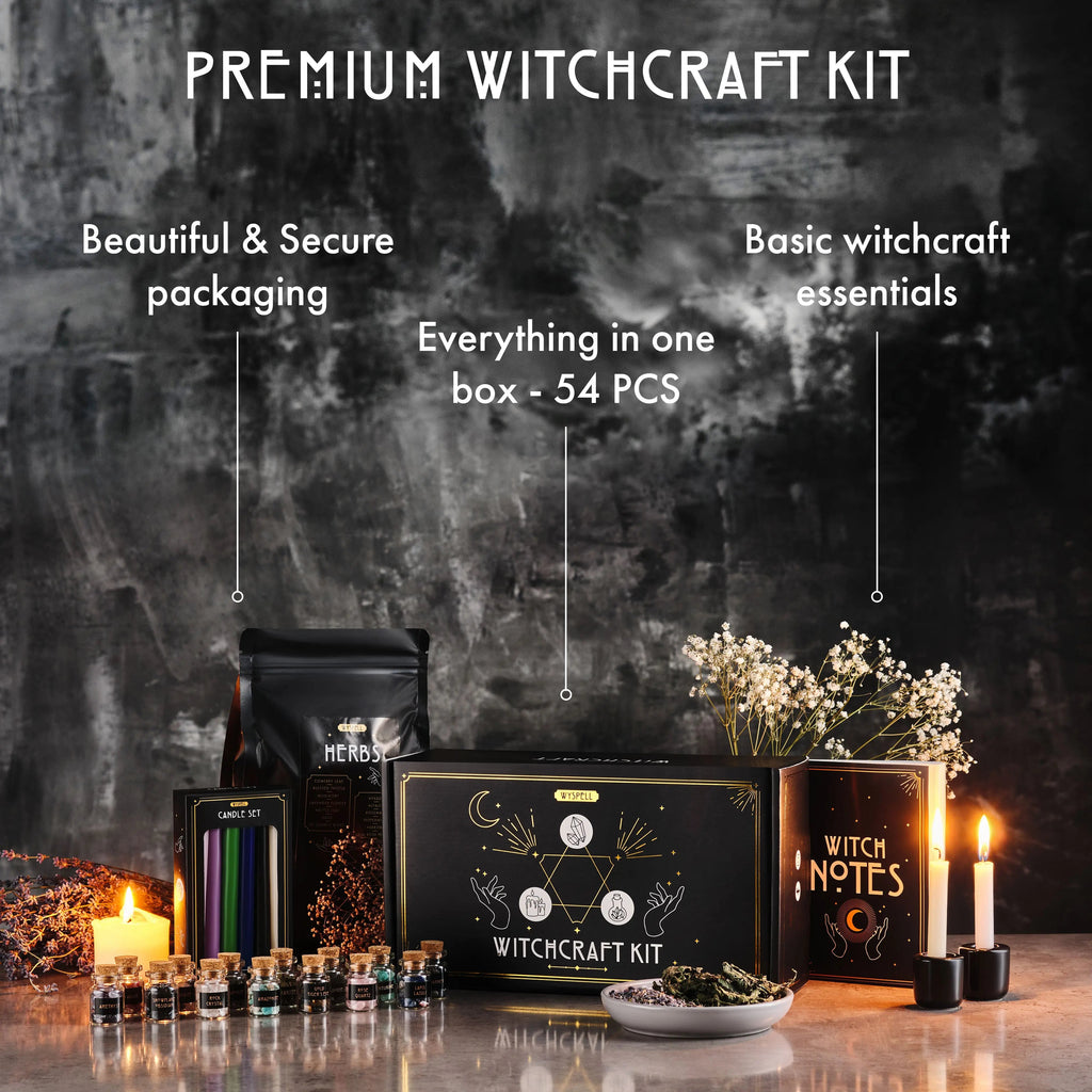 54-piece witchcraft kit packaging displayed with herb pouch, crystal jars, notebook, and candles.
