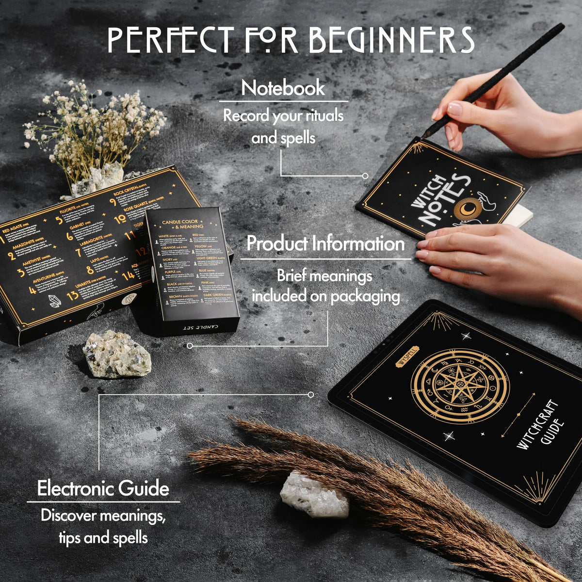 Witch Notes notebook, product information packaging, and electronic witchcraft guide shown on a tablet.
