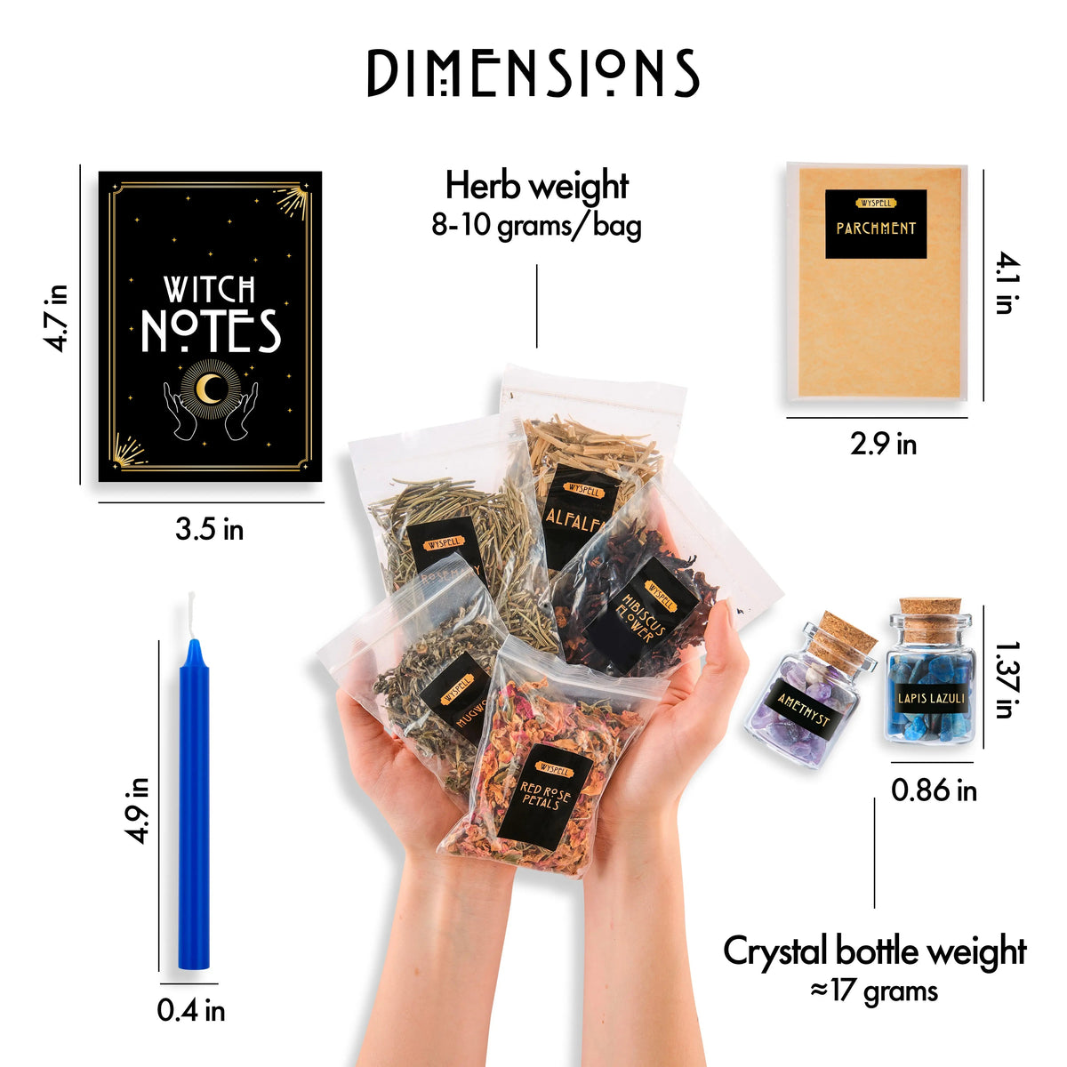 Dimensions chart for the kit’s notebook, parchment sheets, candles, herb bags, and small crystal jars.
