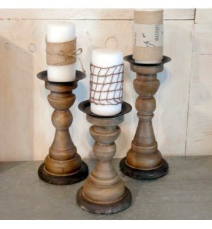 Rustic Wood Candlestick Holders | Set of 3 | Aged & Worn Finish | 3 Varying Heights